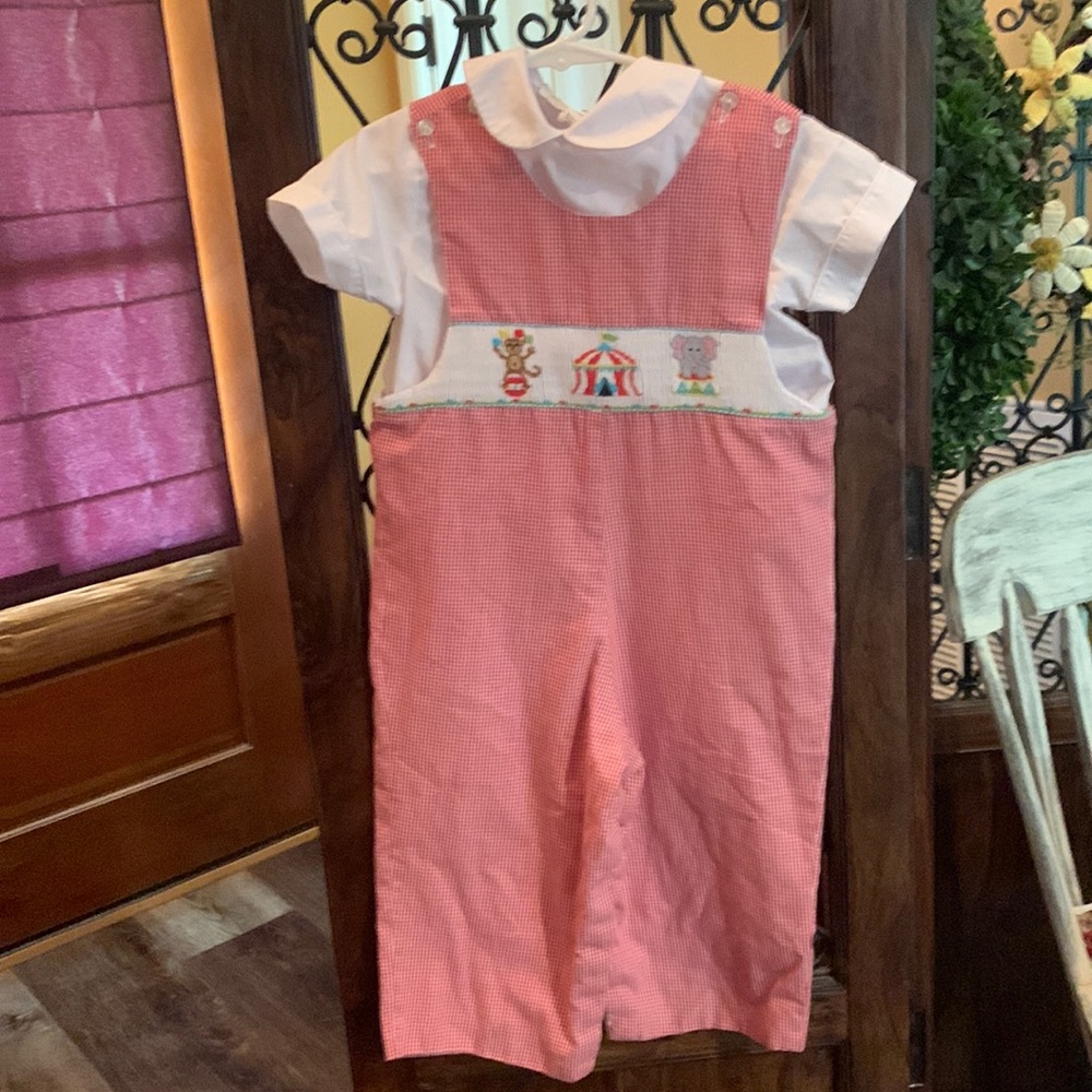 Big top smocked & red/white gingham longall. I will include the Peter Pan shirt.